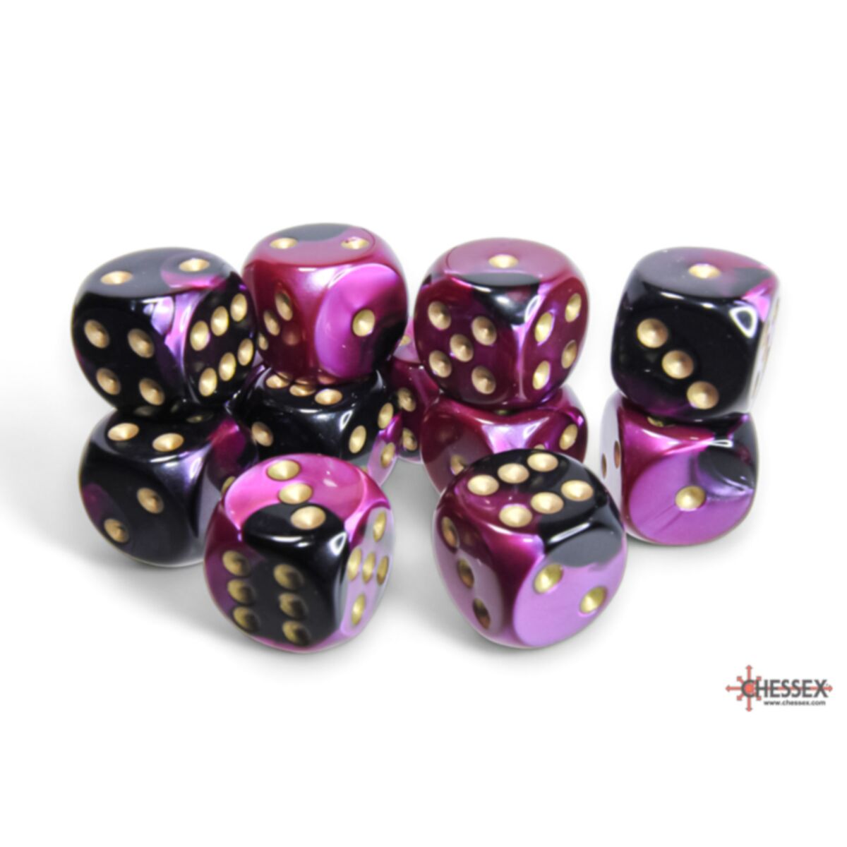 CHX 26640 Gemini Black-Purple/gold 16mm d6 Dice Block (12 dice